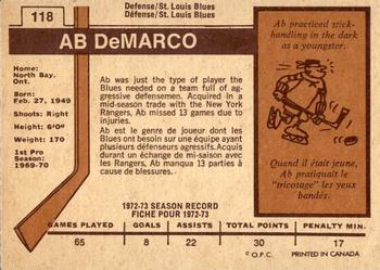 1973-74 O-Pee-Chee - Light Backs #118 Ab DeMarco Back