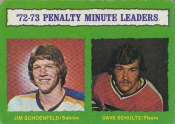 1973-74 O-Pee-Chee - Light Backs #137 1972-73 Penalty Minute Leaders (Jim Schoenfeld / Dave Schultz) Front
