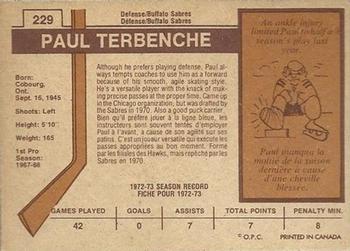 1973-74 O-Pee-Chee - Light Backs #229 Paul Terbenche Back