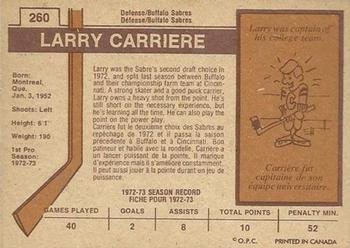 1973-74 O-Pee-Chee - Light Backs #260 Larry Carriere Back