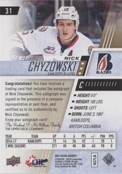 2017-18 Upper Deck CHL - Autographs #31 Nick Chyzowski Back