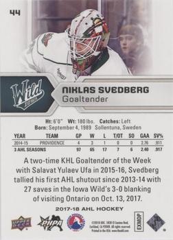 2017-18 Upper Deck AHL - Silver Foil #44 Niklas Svedberg Back
