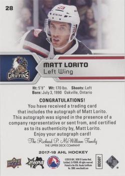 2017-18 Upper Deck AHL - Autographs #28 Matt Lorito Back