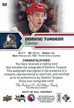 2017-18 Upper Deck AHL - Autographs #62 Dominic Turgeon Back