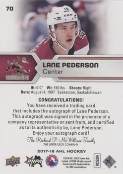 2017-18 Upper Deck AHL - Autographs #70 Lane Pederson Back