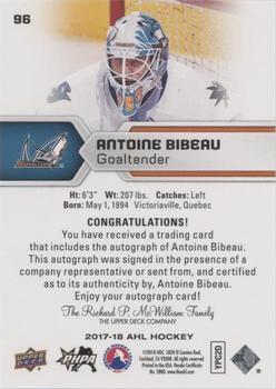 2017-18 Upper Deck AHL - Autographs #96 Antoine Bibeau Back