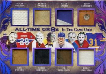 2017-18 Leaf In The Game Used - All Time Gr8s Prime Purple #AT8-12 Rogie Vachon / Ken Dryden / Bernie Parent / Gerry Cheevers / Billy Smith / Ed Giacomin / Tony Esposito / Eddie Johnston Front