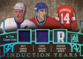 2017-18 Leaf In The Game Used - Induction Years Blue #IY-45 Mats Sundin / Chris Chelios / Brendan Shanahan Front