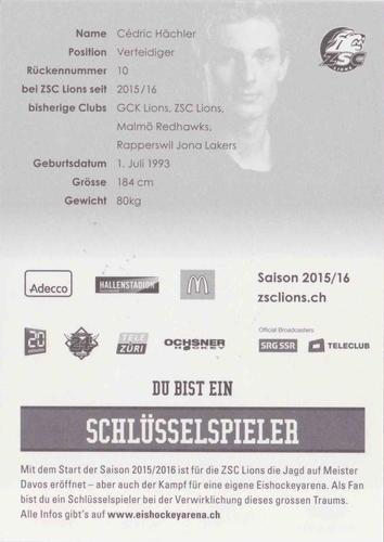 2015-16 ZSC Lions (NL) Autographs #NNO Cedric Hachler Back