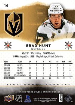 2017-18 Upper Deck Vegas Golden Knights Inaugural Season #14 Brad Hunt Back