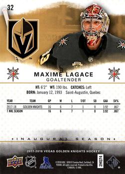 2017-18 Upper Deck Vegas Golden Knights Inaugural Season #32 Maxime Lagace Back