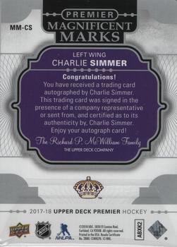 2017-18 Upper Deck Premier - Magnificent Marks Autographs #MM-CS Charlie Simmer Back