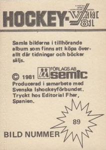 1981 Semic Hockey VM (Swedish) Stickers #89 David Hindmarch Back