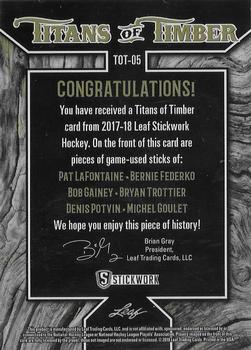 2017-18 Leaf Stickwork - Titans of Timber - Silver #TOT-05 Pat LaFontaine / Bernie Federko / Bob Gainey / Bryan Trottier / Denis Potvin / Michel Goulet Back