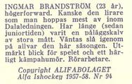 1957-58 Alfa Ishockey (Swedish) #94 Ingemar Brandström Back