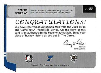 2015-16 In The Game Final Vault - 2004-05 In The Game Franchises Edition Autographs (Black Vault Stamp) #A-BF Bernie Federko Back