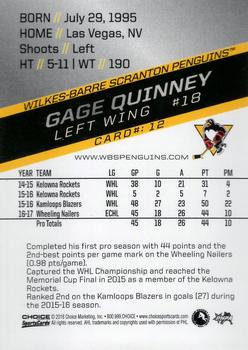 2017-18 Choice Wilkes-Barre/Scranton Penguins (AHL) #12 Gage Quinney Back