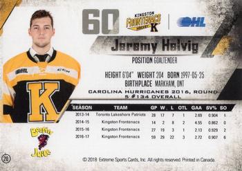 2017-18 Extreme Kingston Frontenacs OHL #20 Jeremy Helvig Back