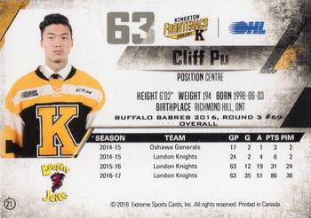 2017-18 Extreme Kingston Frontenacs OHL #21 Cliff Pu Back