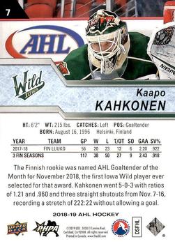 2018-19 Upper Deck AHL #7 Kaapo Kahkonen Back