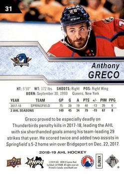 2018-19 Upper Deck AHL #31 Anthony Greco Back