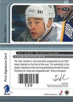 2015-16 In The Game Final Vault - 2001-02 Be a Player Signature Series Autographs (Black Vault Stamp) #215 Marc Moro Back