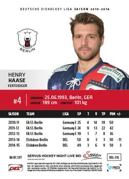 2015-16 Playercards Basic Serie 2 (DEL) #DEL-316 Henry Haase Back