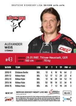 2015-16 Playercards Basic Serie 2 (DEL) #DEL-433 Alexander Weiß Back