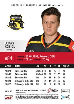 2015-16 Playercards Basic Serie 2 (DEL) #DEL-465 Lukas Koziol Back