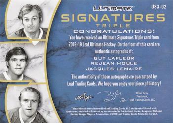 2018-19 Leaf Ultimate - Ultimate Triple Signatures - Red #US3-02 Guy Lafleur / Rejean Houle / Jacques Lemaire Back