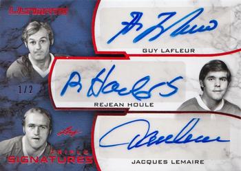 2018-19 Leaf Ultimate - Ultimate Triple Signatures - Red #US3-02 Guy Lafleur / Rejean Houle / Jacques Lemaire Front