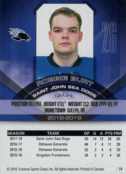 2018-19 Extreme Saint John Sea Dogs (QMJHL) #14 Robbie Burt Back