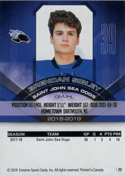 2018-19 Extreme Saint John Sea Dogs (QMJHL) #20 Brendan Sibley Back