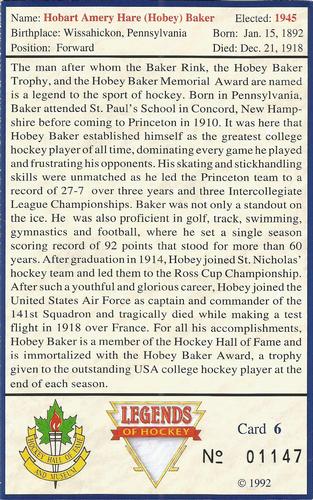 1992-96 Hockey Hall of Fame Legends of Hockey #6 Hobey Baker Back