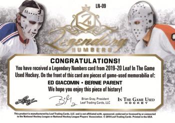 2019-20 Leaf In The Game Used - Legendary Numbers - Bronze Spectrum Foil #LN-09 Ed Giacomin / Bernie Parent Back
