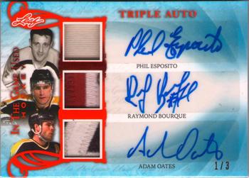 2019-20 Leaf In The Game Used - Triple Autographs - Red Spectrum Foil #TA-06 Phil Esposito / Raymond Bourque / Adam Oates Front