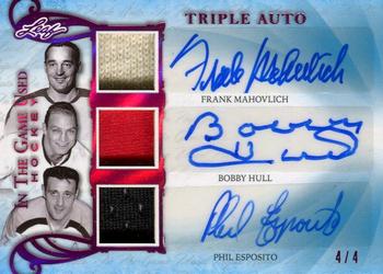 2019-20 Leaf In The Game Used - Triple Autographs - Magenta Spectrum Foil #TA-01 Frank Mahovlich / Bobby Hull / Phil Esposito Front