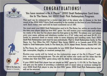 2002-03 Be a Player Memorabilia - Draft Redemption #NNO 22 Back