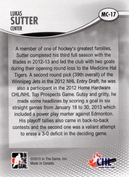 2012-13 In The Game Heroes and Prospects - 2013 Memorial Cup #MC-17 Lukas Sutter Back