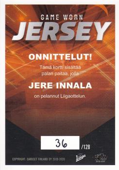 2019-20 Cardset Finland Series 2 - Game Worn Jersey Series 2 Exchange #NNO Jere Innala Back