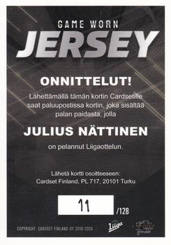 2019-20 Cardset Finland Series 2 - Game Worn Jersey Series 2 Exchange #NNO Julius Nättinen Back
