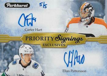 2019 Upper Deck Fall Expo - Parkhurst Priority Signings Dual Autographs #PS-HP Carter Hart / Elias Pettersson Front