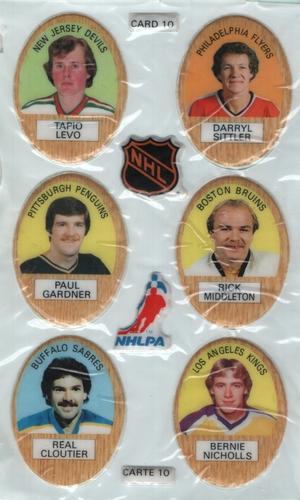 1983-84 Funmate NHL Puffy Stickers - Sticker Panels #10 Tapio Levo / Darryl Sittler / Paul Gardner / Rick Middleton / Real Cloutier / Bernie Nicholls Front