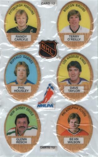 1983-84 Funmate NHL Puffy Stickers - Sticker Panels #12 Randy Carlyle / Terry O'Reilly / Phil Housley / Dave Taylor / Glenn Resch / Behn Wilson Front
