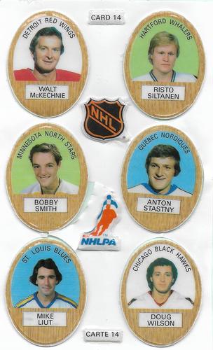 1983-84 Funmate NHL Puffy Stickers - Sticker Panels #14 Walt McKechnie / Risto Siltanen / Bobby Smith / Anton Stastny / Mike Liut / Doug Wilson Front