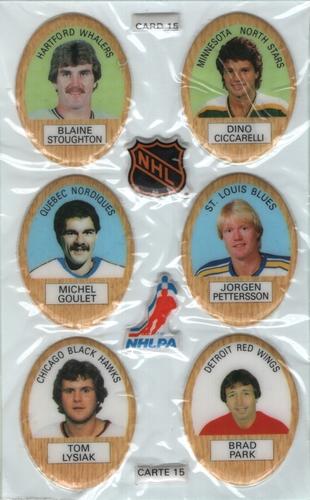 1983-84 Funmate NHL Puffy Stickers - Sticker Panels #15 Blaine Stoughton / Dino Ciccarelli / Michel Goulet / Jorgen Pettersson / Tom Lysiak / Brad Park Front