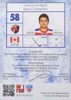 2014 KHL Gold Collection - Lev Prague Autographs #LEV-A11 Spencer Humphries Back