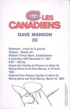 1996-97 Montreal Canadiens Postcards #NNO Dave Manson Back