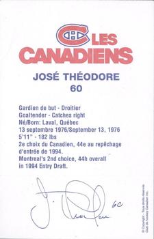 1996-97 Montreal Canadiens Postcards #NNO Jose Theodore Back
