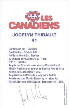 1996-97 Montreal Canadiens Postcards #NNO Jocelyn Thibault Back